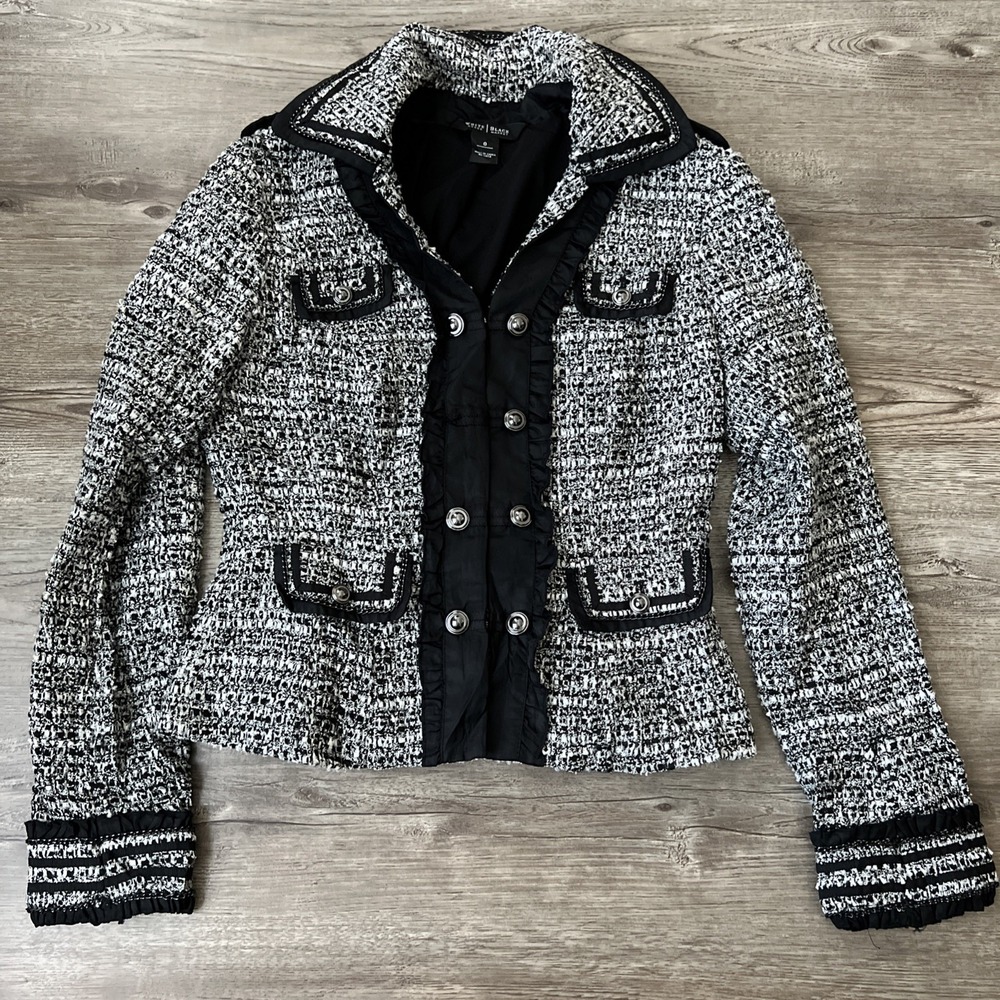 White House Black Market Tweed Ruffle Blazer Womens 0 Black White Military Chic